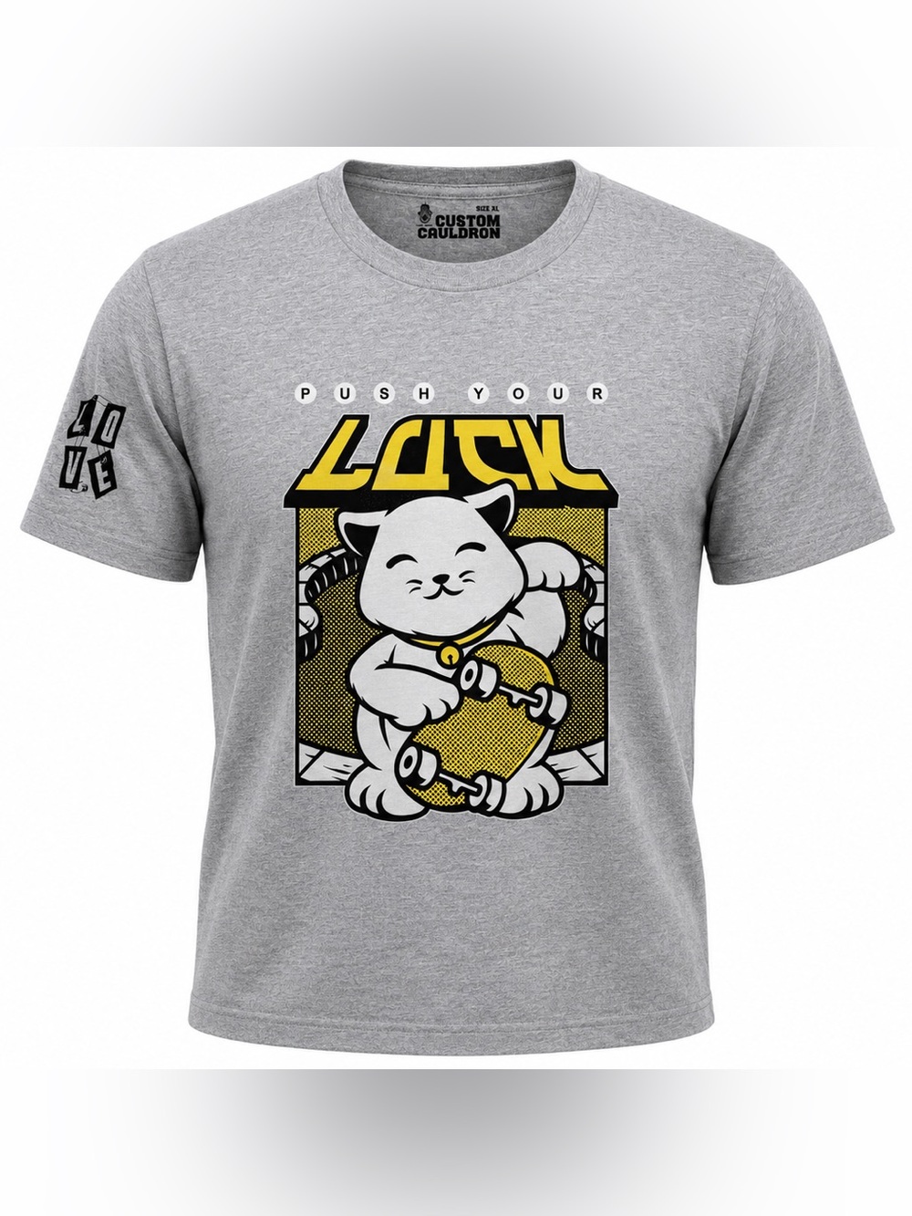 Custom Cauldron Grey 'Push Your Lucky' Cat Graphic T-Shirt for Cats